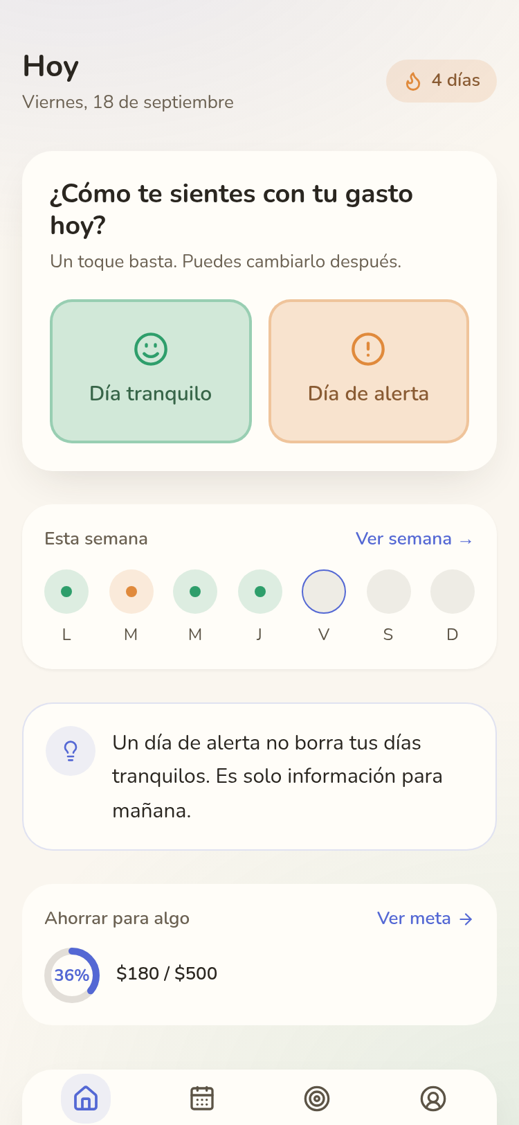 Pantalla Hoy: marca si tu día fue tranquilo o de alerta